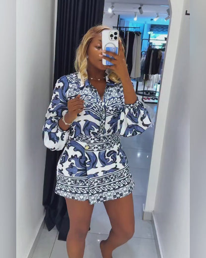 Women's Vintage Print 2 Piece Outfits Turn-down Collar Button Shirt and High Waisted Shorts Set Casual Skort Set