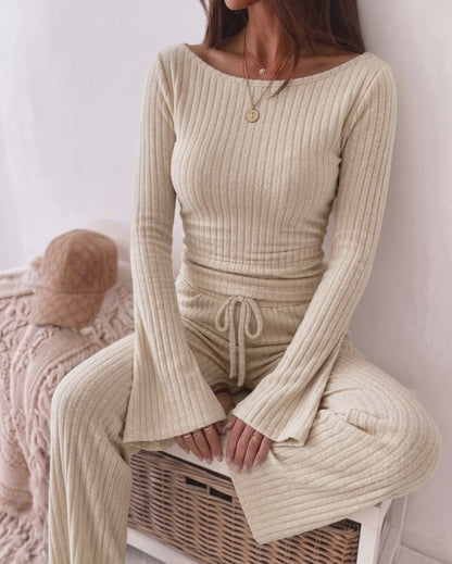 Women's 2 Piece Ribbed Knit Lounge Set Boat Neck Flare Sleeve Ruched Top and Wide Leg Pants Set