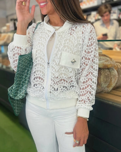 Women's Lace Hollow Out Bomber Jacket Sheer Wave Pattern Lace Zip Up Outerwear Ribbed Trim Coat