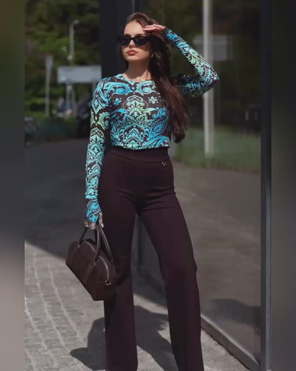 Women's Vintage Print Long Sleeve Top Slim Fit Crewneck Tee Retro Stretchy Base Layer Shirt with Thumb Holes
