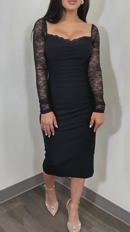 Lace Trim Square Neck Lace Long Sleeve Back Slit Bodycon Dress Zipper Back Backless Ruched Party Dress