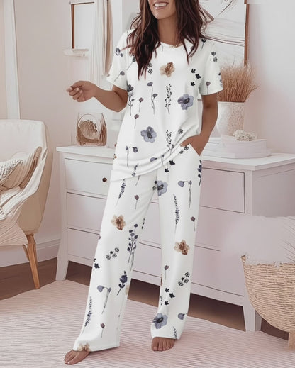 2 Pieces Outfit Round Neck Short Sleeve Top and Elastic Waist Pants Set Casual Watercolor Floral Print Pajamas Set