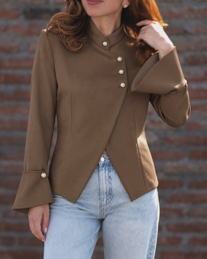 Women's Mandarin Collar Asymmetrical Pearl Button Split Hem Long Sleeve Coat