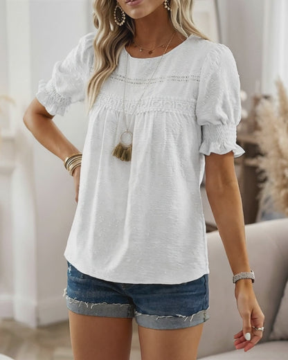 Puff Sleeve Hollow-out Lace Spliced 3D Jacquard Blouse Casual Shirred Cuffs Loose Fit Top