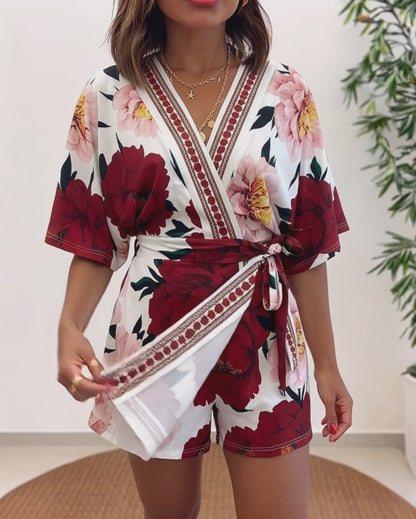 Women's Bohemian Floral Print V-Neck Romper Batwing Sleeve Wrap Knot Side High Waist Short Jumpsuit