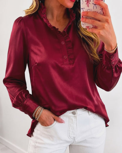 Women's Satin Frill Hem Blouse Long Sleeve Half Button Shirt Elegant Stand Collar Office Work Top