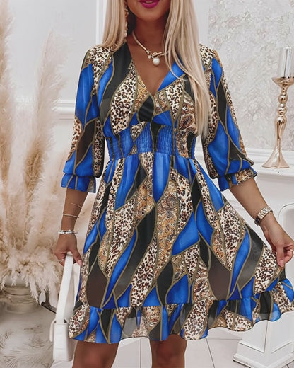 Colorblock Geometric & Leopard Print Spliced Overlap V Neck Flared Cuffs A Line Dress Casual Shirred Waist Ruffle Hem Vacation Chiffon Dress