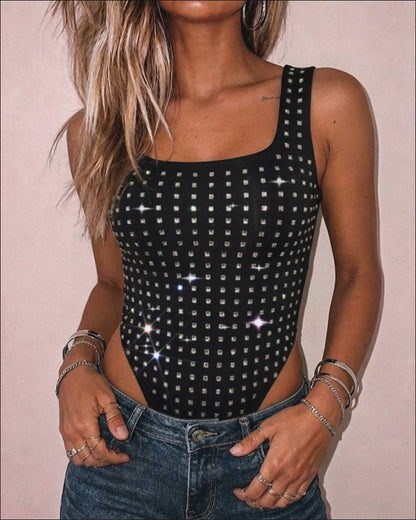 Women's Rhinestone Square Neck Sleeveless Bodysuit Sparkle Slim Fit Bodysuit