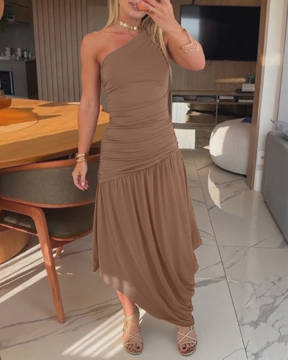 Women's One Shoulder Ruched Side Bodycon Dress Asymmetrical Hem Sleeveless Slim Fit Party Dress