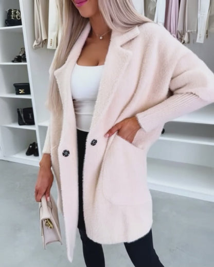 Notched Collar Long Sleeve Single Breasted Coat Casual Mid-legth Fuzzy Coat with Pockets