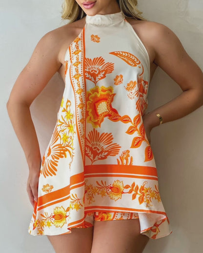 Floral Print Halter Tie Sleeveless Backless Romper Casual Skorts Romper