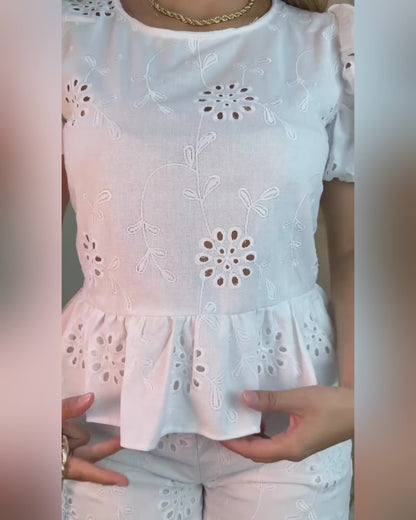 Women's 2 Piece Eyelet Embroidery Outfits Puff Sleeve Peplum Top and Shorts Set Casual Vacation Suit
