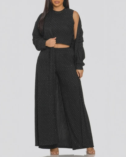 3 Pieces Outfits Cozy Comfort Glitter Long Sleeve Longline Coat and Cropped Ribbed Knit Tank Wide Leg Pants Set