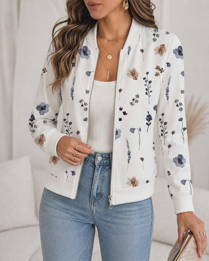 Women's Floral Print Bomber Jacket Casual Zip Up Long Sleeve Outerwear