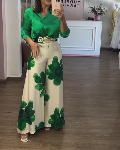 2 Pieces Outfit Long Sleeve Satin Blouse and Casual Floral Print High Waist Wide Leg Pants Set