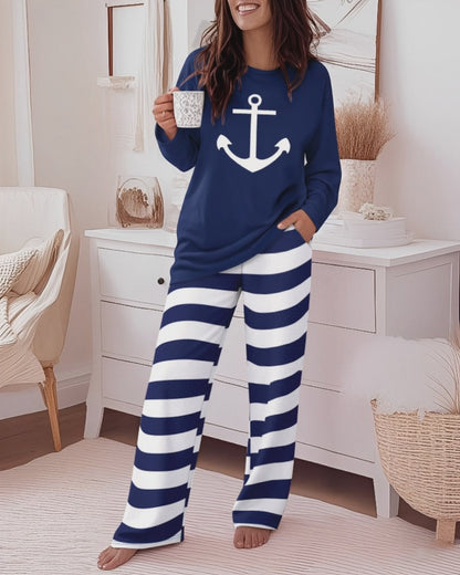 Women's 2 Piece Pajama Set Anchor Long Sleeve Top and Striped Wide Leg Pants Casual Lounge Set