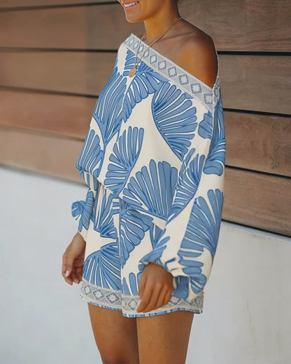 Women's Tropical Leaf Print 2 Piece Set Skew Neck Lantern Sleeve Top and Elastic Waist Shorts with Pockets & Lace