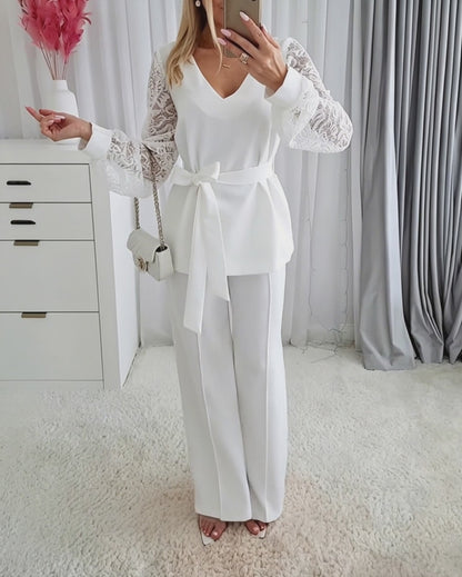 Women's Two Piece Outfits V-Neck Lace Long Sleeve Top and Wide Leg Pants Set Elegant Matching Set with Belt