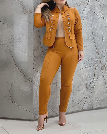 Women's Faux Suede Set Double Breasted Decor Stand Collar Cropped Jacket and Slim Fit Pants