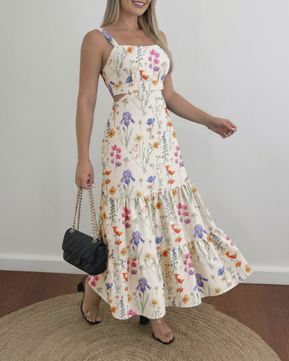Colorful Floral Print Square Neck Adjustable Straps Shirred Back A Line Dress Casual Cutout Waist Ruffle Hem Vacation Dress