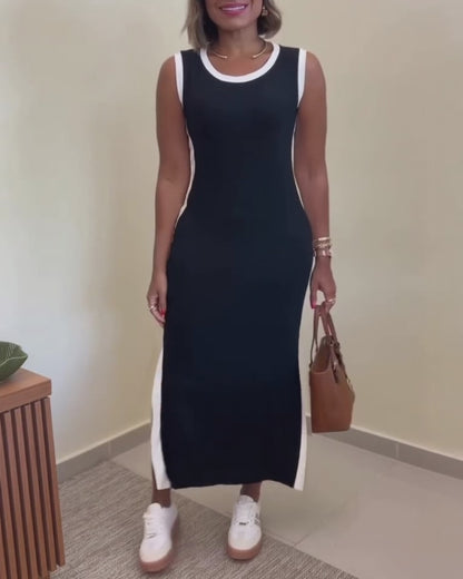 Women's Contrast Binding Tank Dress Slim Fit Sleeveless Maxi Dress Side Slit Casual Knit Sundress