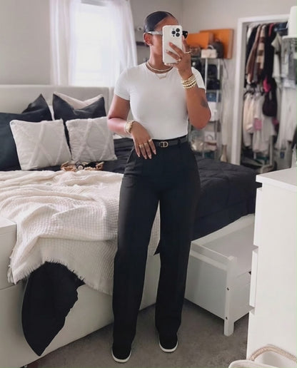 Zipper Fly High Waist Straight Leg Work Trousers Casual Elastic Back Waist Seam Front Business Pants