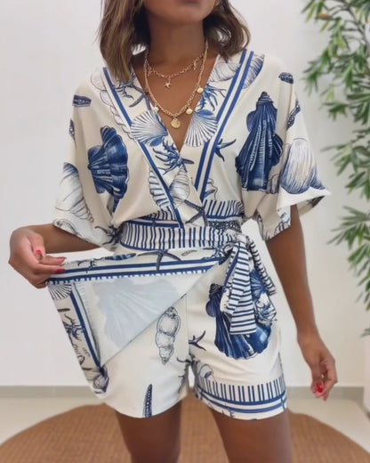 Starfish & Seashell Print Overlap V Neck Half Sleeve Wrap Knot Side Romper Casual Stretchy Back Waist Vacation Romper