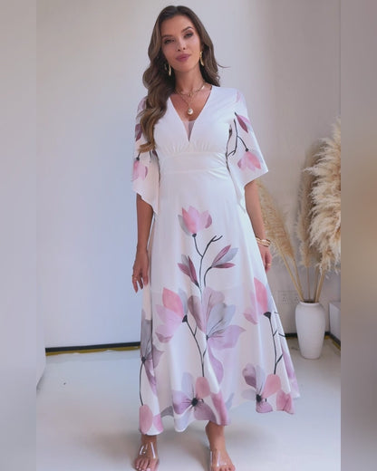 CHICME Women's Placement Floral Print Maxi Dress Deep V-Neck Flare Sleeve Vacation Dress Sheer Mesh Spliced A-Line Dress With Lining