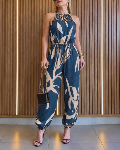 Women's Floral Halter Tie Jumpsuit Sexy Hollow-out High Waisted Drawstring Jogger Jumpsuits with Pockets