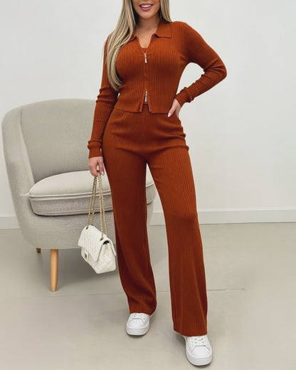 Women's Three Piece Knit Outfit Collared Two Way Zipper Coat and V Neck Tank Top and Bootcut Pants Ribbed Set