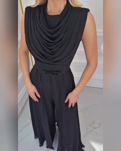 Women's Cowl Neck Wide Leg Jumpsuit High Waist Sleeveless Chiffon Overlay Spliced Evening Overalls with Belt