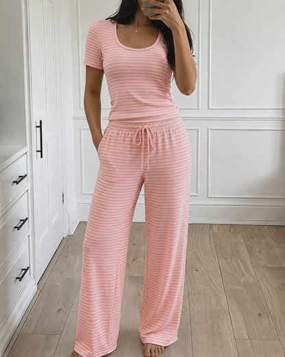 Women's 2 Piece Striped Pajama Set Short Sleeve Square Neck Crop Top and Wide Leg Pants Casual Loungewear