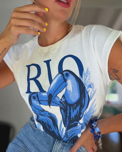 Birds & RIO Letter Print O-neck Short Sleeve Tee Casual Rolled Cuffs Top