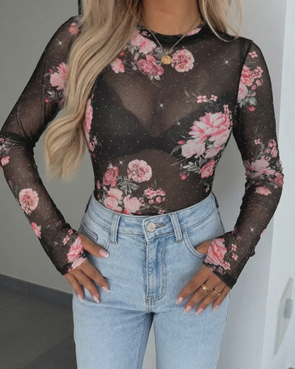 Women's Floral Rhinestone Sheer Mesh Top Long Sleeve Slim Fit Tee with Thumb Holes