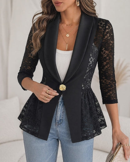 Women's Lace Patchwork Blazer Elegant Shawl Lapel Peplum Coat Single Breasted Three Quarter Sleeve Outwear