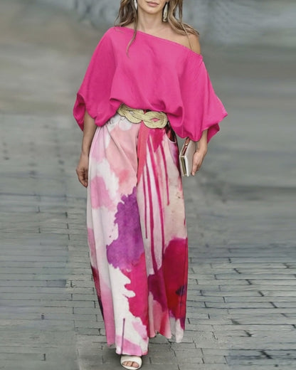 2 Pieces Outfit Skew Neck Batwing Sleeve Stretchy Hem Top and Casual Watercolor Ink Splash Print Zipper Fly Elastic Back Waist Wide Leg Pants Set without Belt