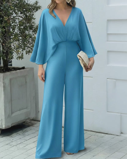 Plunge V Neck Ruched Batwing Sleeve Jumpsuit Casual Wide Leg Romper