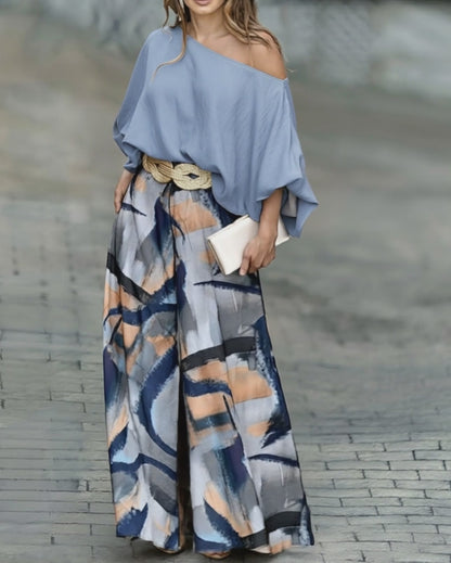 2 Pieces Outfit Skew Neck Batwing Sleeve Stretchy Hem Top and Casual Abstract Print Zipper Fly Elastic Back Waist Wide Leg Pants Set without Belt