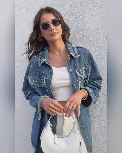 Colorful Rhinestone &  Pearls Decor Turn-down Collar Long Sleeve Jacket Casual Front Button Raw Hem Denim Coat with Pockets