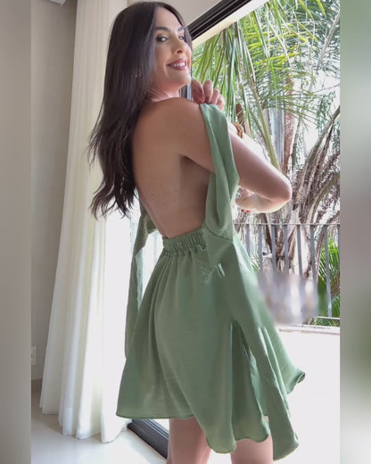 Square Neck Thick Strap Open Back Tie Back Textured Romper Casual Elastic Back Waist Backless Cinched Waist A Line Skorts Romper