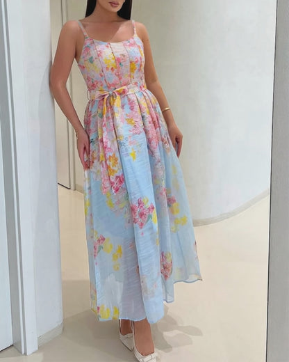 CHICME Women's Watercolor Floral Cami Dress Adjustable Straps High Waist A-Line Maxi Dress with Matching Belt