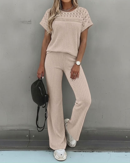 Women's 2 Piece Knit Set Lace Patchwork Short Sleeve Top and Wide Leg Pants Casual Ribbed Brushed Lounge Set