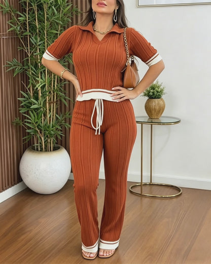 Women's Contrast Binding Two Piece Knit Set Short Sleeve Top and Drawstring Straight Leg Pants Casual Loungewear