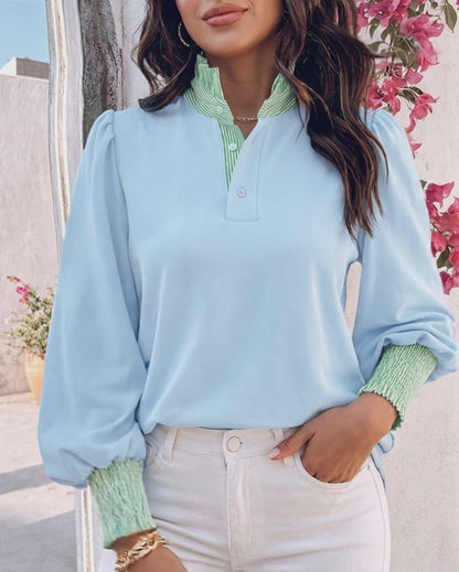 Women's Contrast Stripe Patchwork Blouse Frill Hem Stand Collar Puff Lantern Sleeve Shirred Cuff Pullover Shirt