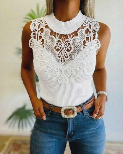 Mock Neck Sleeveless Guipure Lace Spliced Tank Slim Fit Ribbed Knit Top