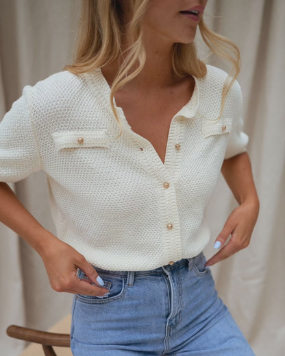 Women's Hollow Out Knit Cardigan Short Sleeve Gold Button Sweater Casual Loose Knitwear Top