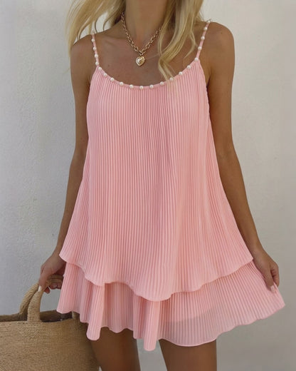 Women's Pearls Embellished Straps Mini Dress Backless Pleated Dress Casual Double Layer Lettuce Trim Cami Sun Dress