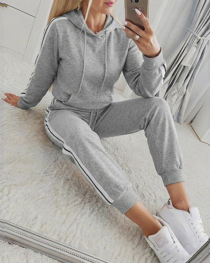 Women's Side Contrast Spliced 2-Piece Set Drawstring Hooded Sweatshirt and Jogger Set Casual Tracksuit