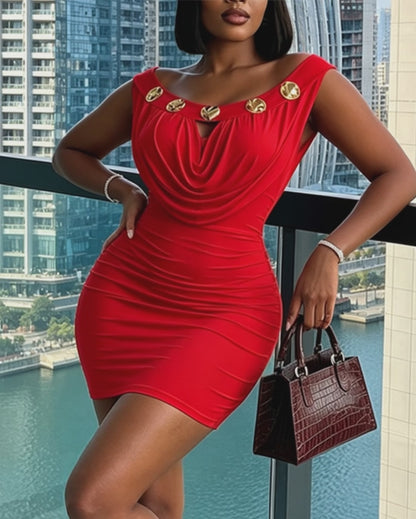 Women's Cowl Neck Bodycon Mini Dress Sleeveless Gold Button Ruched Party Dress
