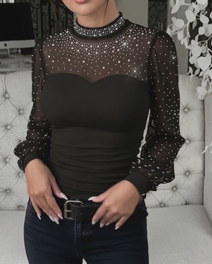 Rhinestone Decor Mock Neck Lantern Sleeve Sheer Mesh Spliced Tee Hollow-out Back Slim Fit Top